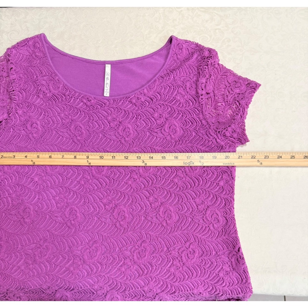 Leo & Nicole Lace Top Womens L Purple Short Sleeve Scoop Neck Floral Casual - Picture 6 of 7